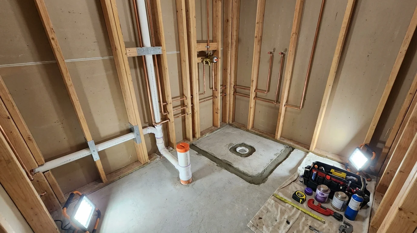 Bathroom rough-in plumbing during remodel by Johns Plumbing LLC in Harrison