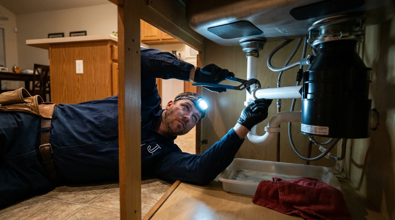 P-trap and supply line connections under a kitchen sink showing a common leak point in Harrison, TN